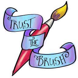 Illustration of a banner that says "Trust the Brush" in front of a brush with paint. 